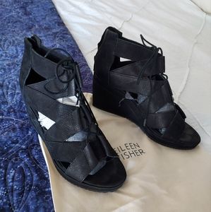 EUC Eileen Fisher Lace Up Sandal Heels, 8, Black Nubuck